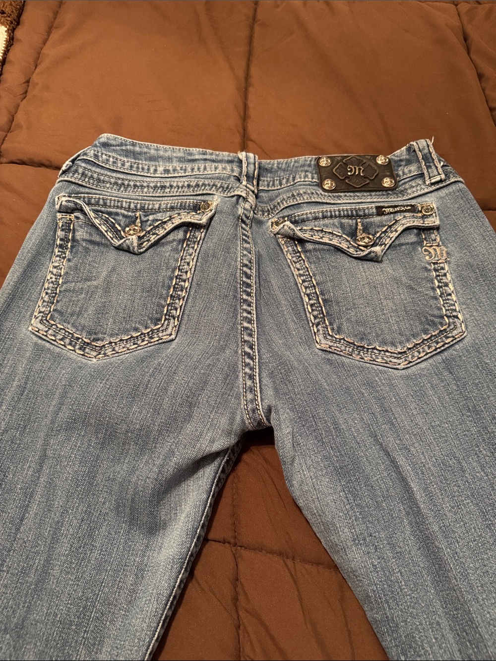 Miss Me Light Blue Skinny Jeans with Embroidered Flap Pockets size 34 inseam 33
